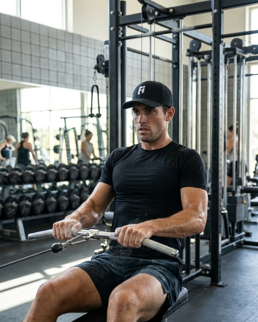 Man exercising on a machine in a gym wearing a black cap and t-shirt.